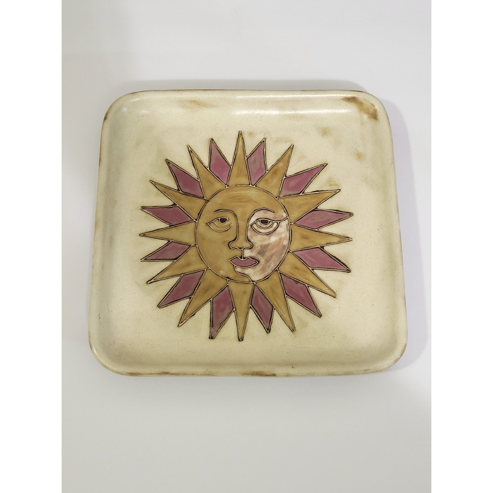 Mara Stoneware Plate Tray Celestial Sun Heavy Folk Art Pottery 8.5" Square